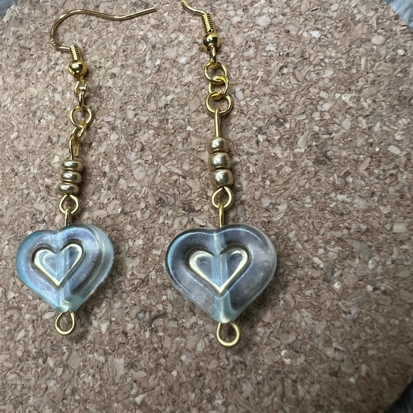 Blue & Gold Heart Beaded Earrings - Picture 3 of 3
